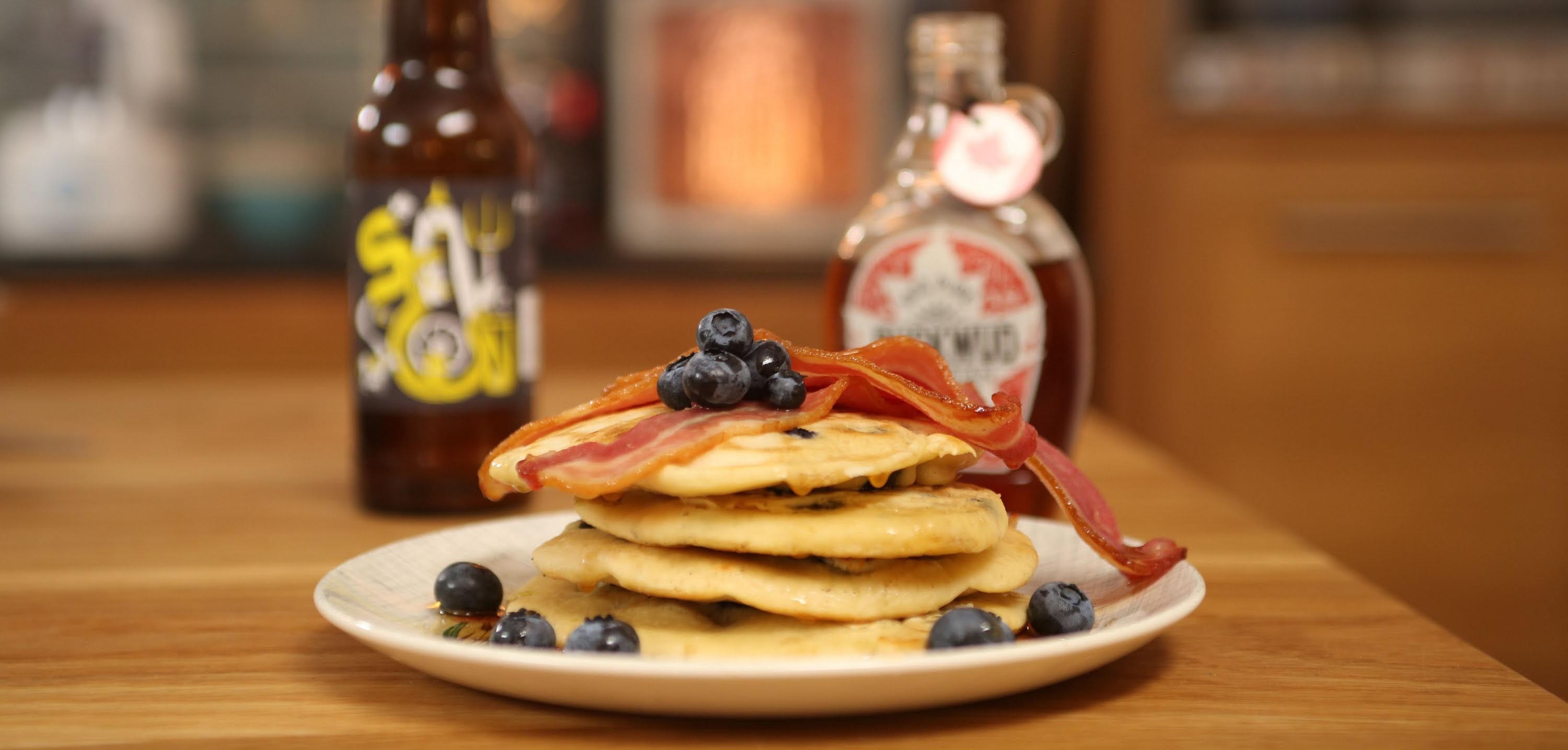 Beer pancakes with bacon & blueberries
